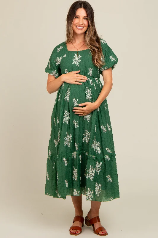 Green Floral Print Ruffle Hem Maternity Midi Dress Best midi dresses for petites