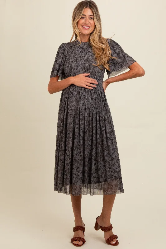 Grey Floral Smocked Maternity Midi Dress Revolve midi dresses