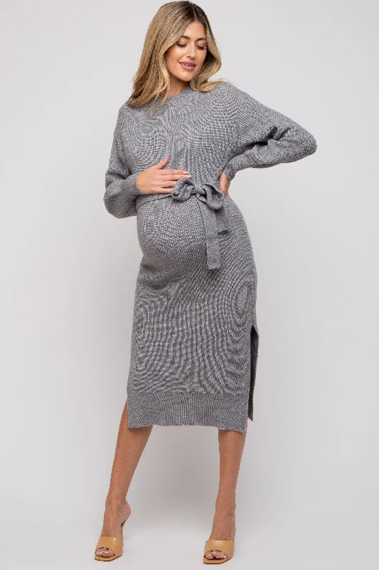 Heather Grey Side Slit Maternity Sweater Midi Dress Hot new arrivals in midi dresses