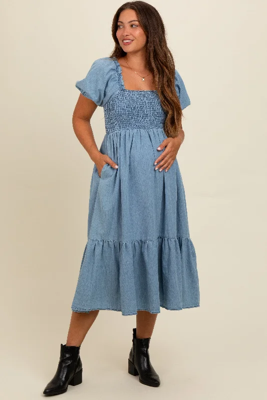 Light Blue Vintage Wash Chambray Smocked Maternity Midi Dress Cheap midi dresses