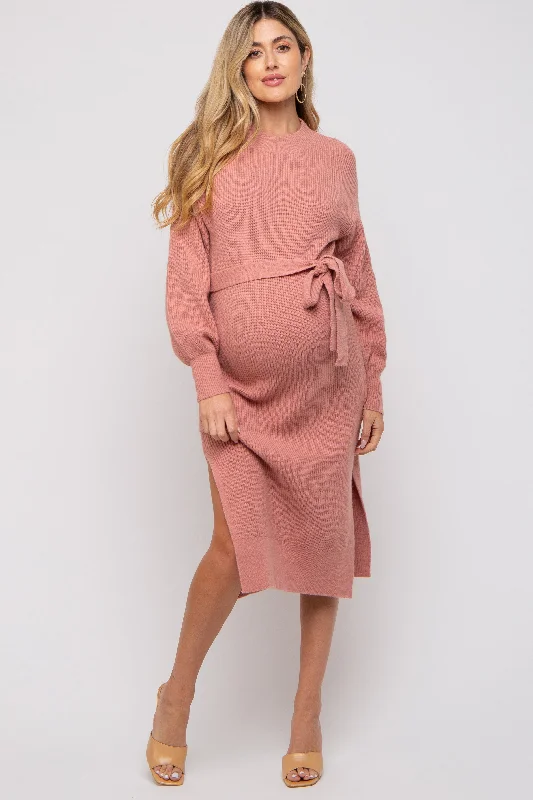 Mauve Side Slit Maternity Sweater Midi Dress Budget-friendly midi dresses