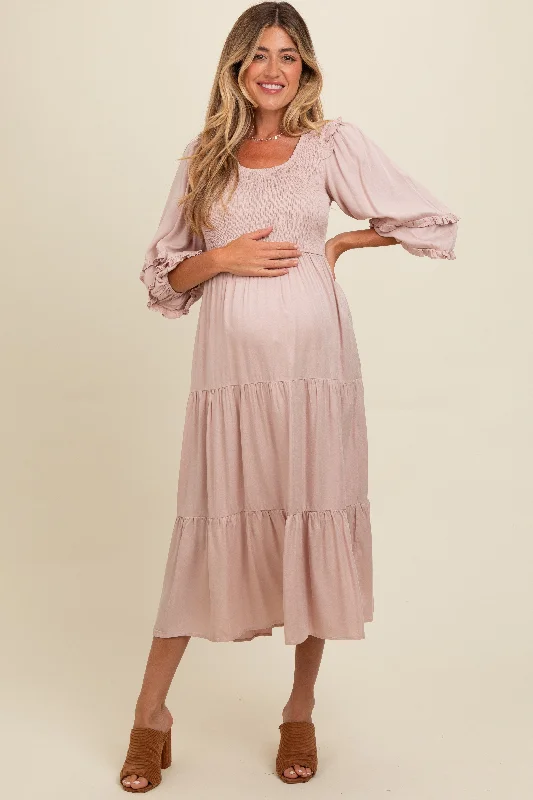 Mauve Smocked Ruffle Shoulder Tiered Maternity Midi Dress A-line midi dresses