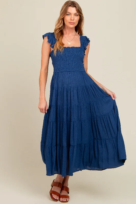 Navy Blue Smocked Tiered Ruffle Strap Maternity Midi Dress Best midi dresses for elegant looks