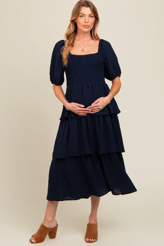 Navy Smocked Body Ruffled Tiered Maternity Midi Dress Budget-friendly midi dresses