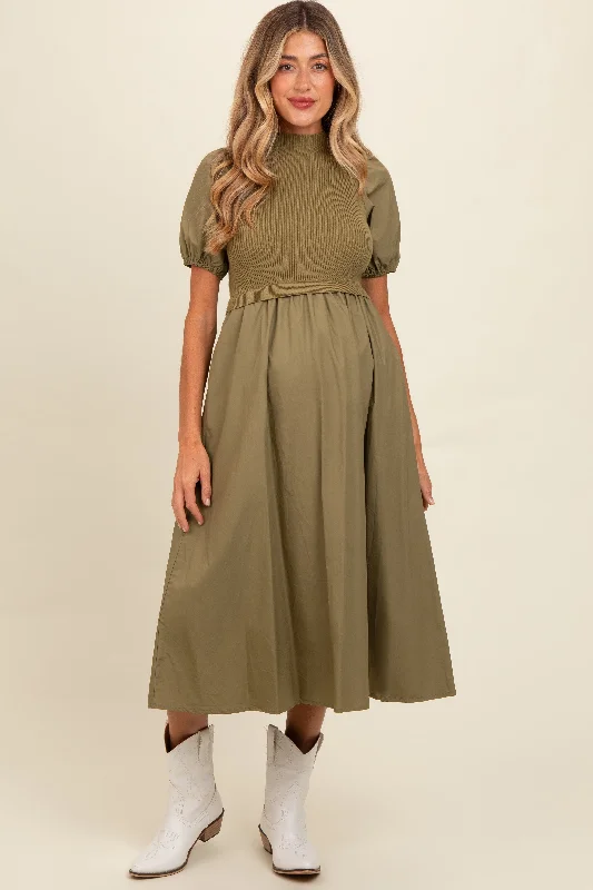 Olive Contrast Knit Bodice Maternity Midi Dress Date night midi dresses