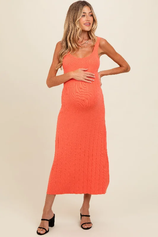 Orange Knit Ribbed Fitted Maternity Midi Dress Cotton midi dresses