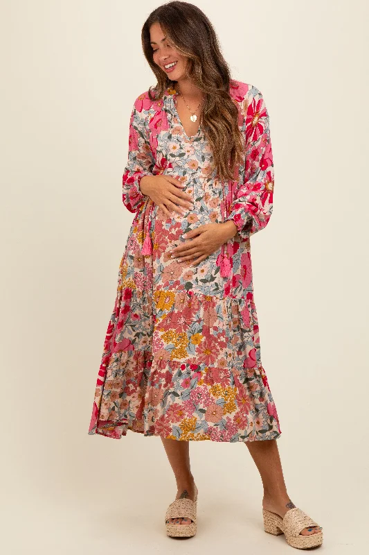 Pink Floral Tassel Tie Tiered Maternity Midi Dress Budget-friendly midi dresses