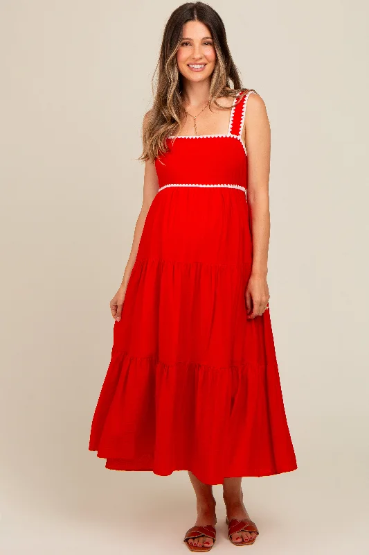 Red Scallop Trim Tiered Maternity Midi Dress Flattering midi dresses for all body types