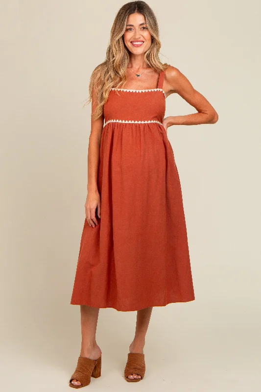 Rust Contrast Trim Maternity Midi Dress Comfortable midi dresses for everyday wear