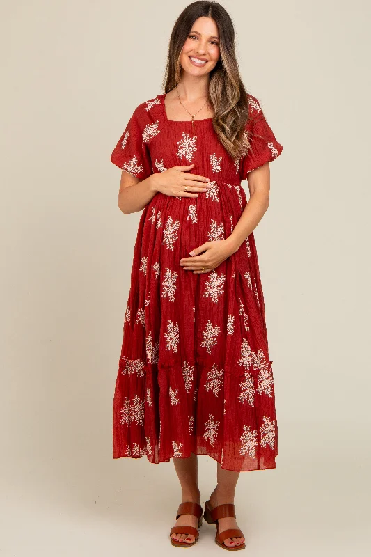 Rust Floral Print Ruffle Hem Maternity Midi Dress Cheap midi dresses