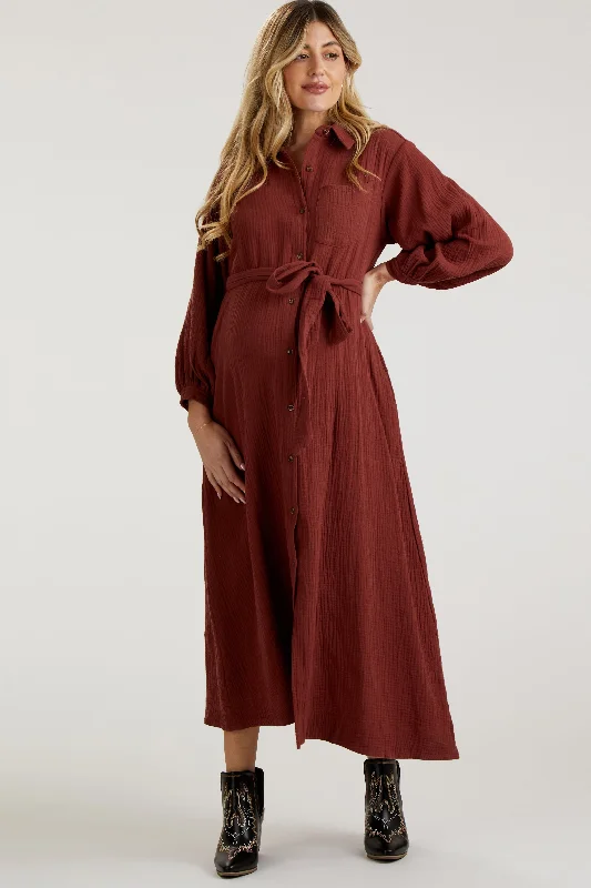 Rust Gauze Belted Shirt Maternity Midi Dress Best midi dresses for petites