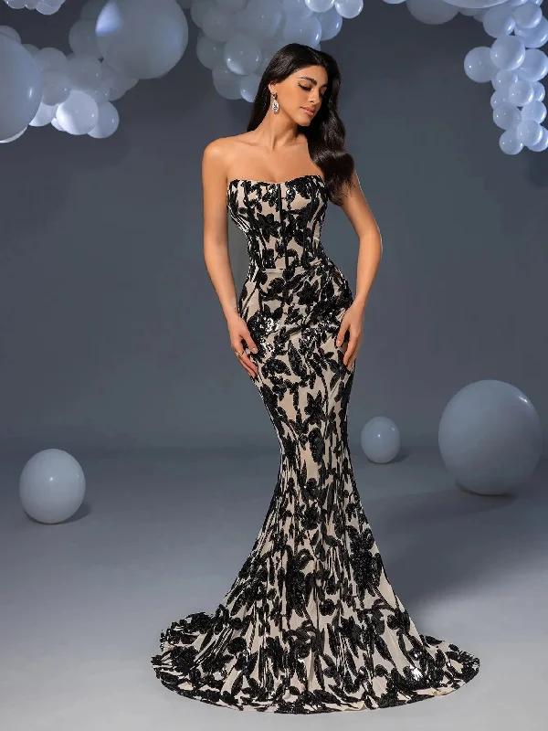 Elegant Strapless Mermaid Hem Floral Sequin Evening Dress Sexy little black party dresses