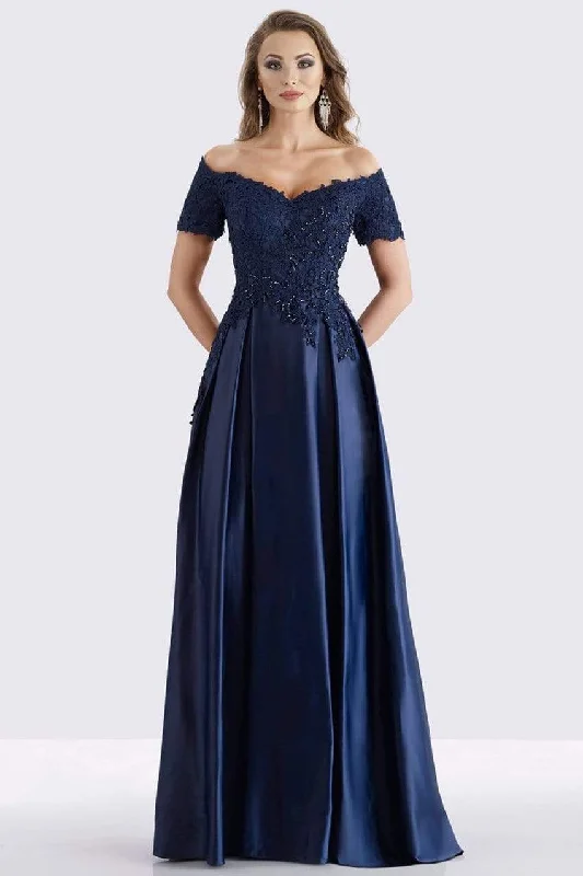 Feriani Couture - Beaded Off Shoulder Pleated Evening Gown 18657 - 1 pc Navy in Sizes 6 Available Men's party outfits