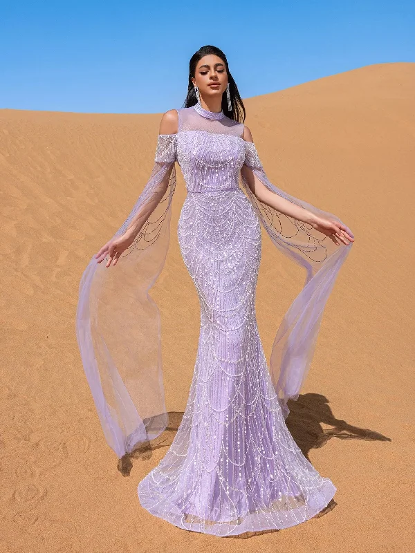 Luxury Gorgeous Rhinestone Detail Cape Sleeves Mermaid Hem Beaded Seuqin Evening Dress Shein party dresses