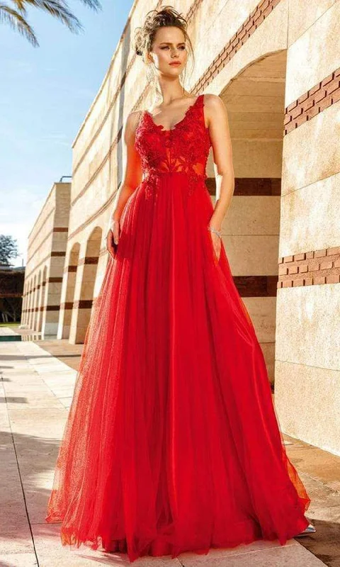 MNM Couture - Floral Embroidered V-neck A-line Gown F4884 - 1 pc Red In Size 2 Available Discounted party dresses