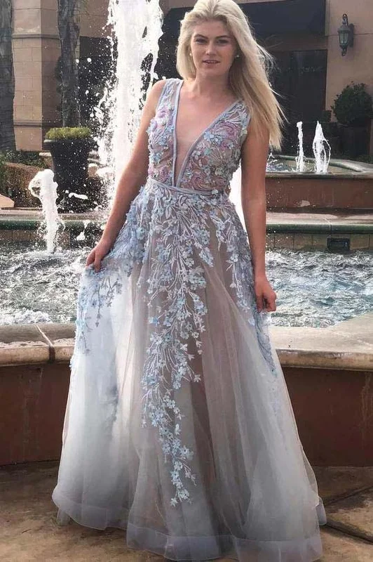 A-line Floral Appliques Long Prom Dress Plunging Neckline Formal Gown GJS731 Party floral dresses