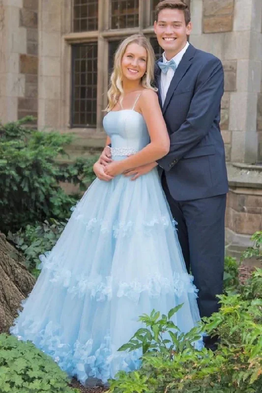 A Line Light Blue Spaghetti Straps Floral Prom Dresses, Ruffles Formal Dresses GJS755 Plus size floral dresses