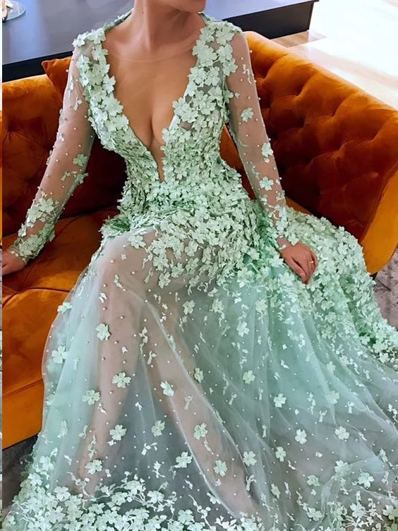 Beautiful Prom Dresses A-line Floral Lace Sage See Through Long Chic Prom Dress JKL1292 Anniversary floral dresses