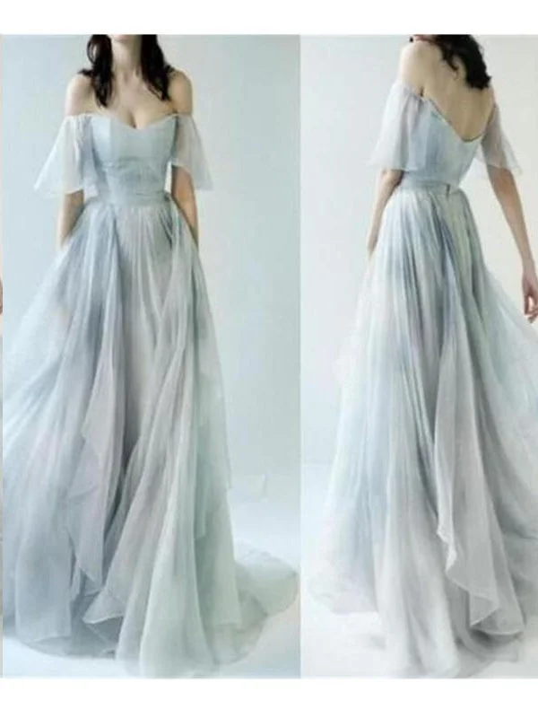 Beautiful Prom Dresses Off-the-shoulder A-line Print Flowy Chiffon Long Prom Dress JKL779 Hot new arrivals in floral dresses