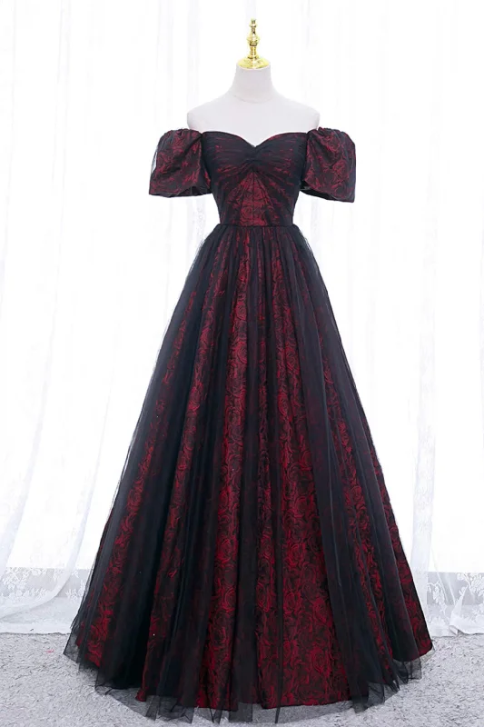 Burgundy Floral Pattern and Black Tulle Long Off Shoulder Prom Dress with Short Sleeves Maternity floral dresses