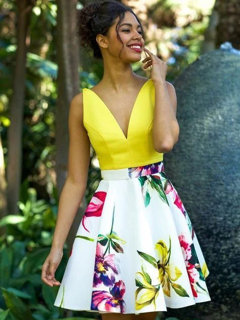 Cute Floral Print Homecoming Dresses V neck Chic Short Prom Dress Party Dress JK706 ASOS floral dresses