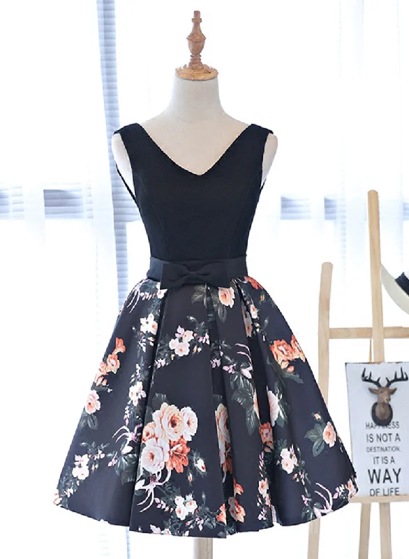 Cute V-Neck Floral Pattern Short Prom Dress, A-Line Evening Party Dress Tulle floral dresses