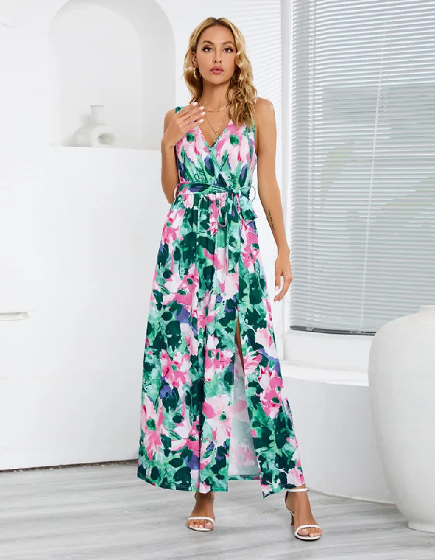 Floral Print Bohemian Sleeveless Slits Belted Long A Line Dresses Best floral dresses for plus size