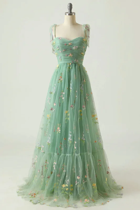 Green Floral Tulle Long Prom Dress, Beautiful Tulle Evening Party Dress Stretchy floral dresses