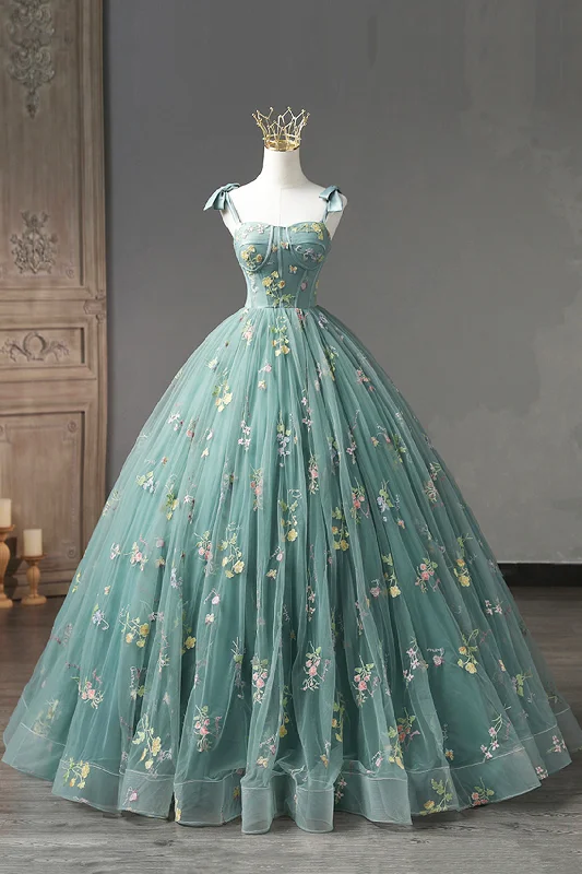 Green Floral Tulle Long Prom Dress, Off Shoulder Evening Party Dress Garden party floral dresses