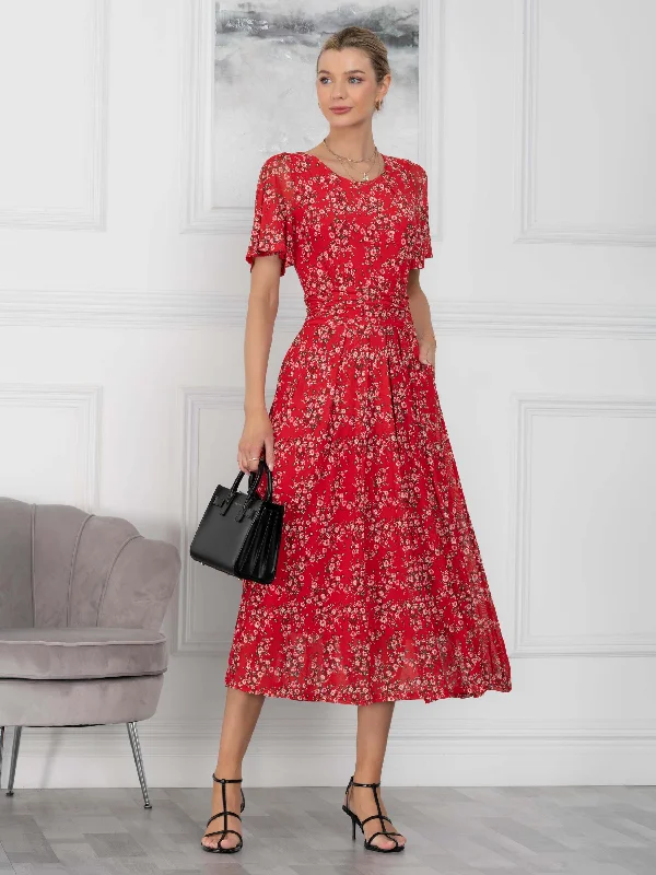 Julita Mesh Dress, Red Floral Women's floral dresses