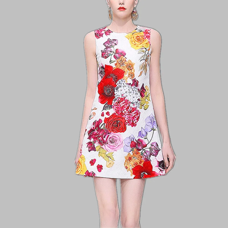 JSXDHK Runway Designer Sleeveless Women Dress Summer Printed Petal Floral Tank Vest A-Line Dress Vintage Bodycon Dress Wedding floral dresses