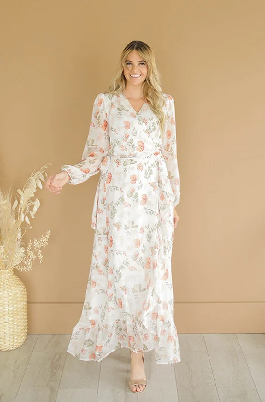 Melanee Créam Floral Wrap Dress - DM Exclusive - Maternity Friendly Best floral dresses for outdoor weddings