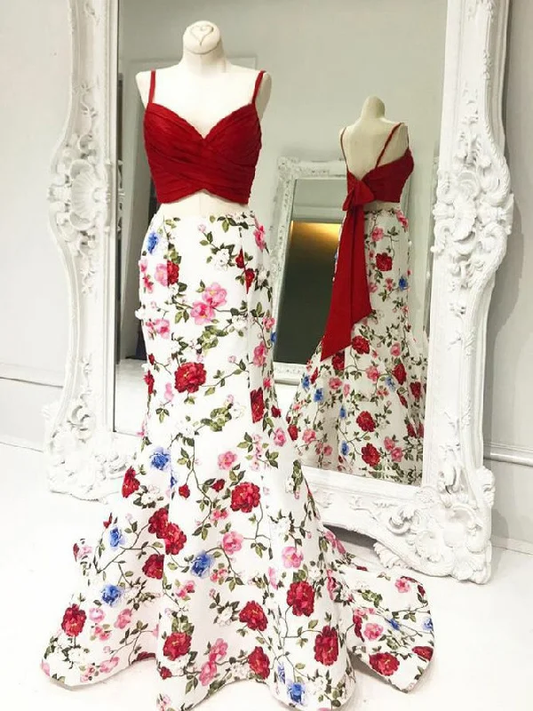 Mermaid Prom Dresses Spaghetti Straps Floral Print Long Prom Dress Sexy Evening Dress JKL543 New Year's Eve floral dresses