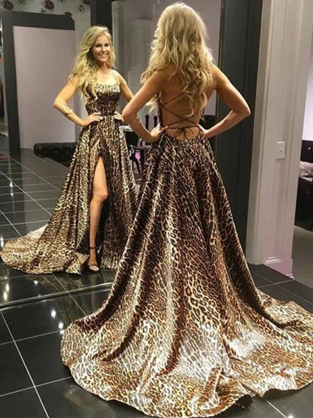 Open Back Prom Dresses Spaghetti Straps Aline Leopard Print Prom Dress Slit Evening Dress JKL1440 Summer floral dresses