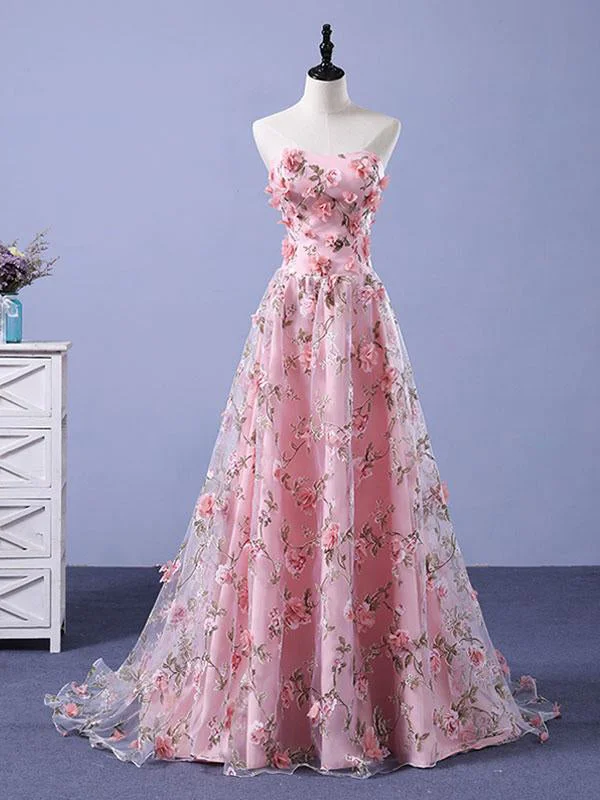 Pink Prom Dresses A-line Sweetheart Sweep Train Floral Print Long Lace Prom Dress JKL717 Y2K floral dresses