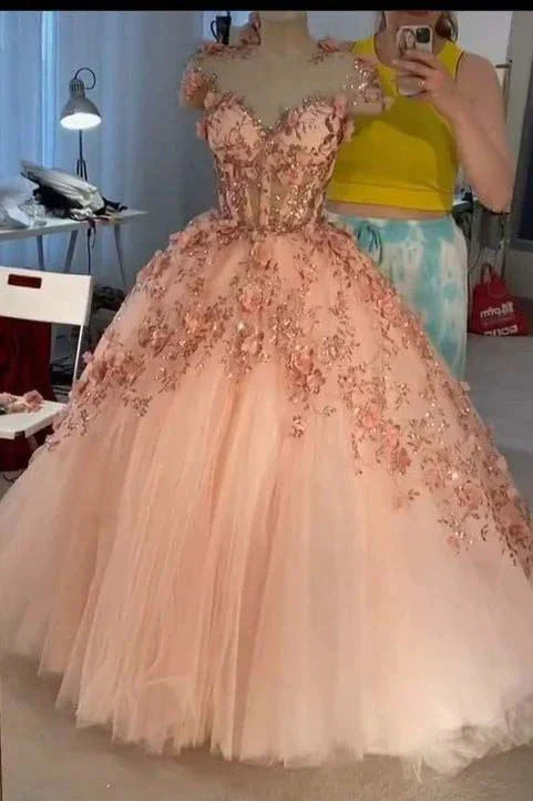 Princess Ball Gown Dusty Pink 3D Floral Appliques Tulle  Quinceanera Dress GJS749 Long floral dresses