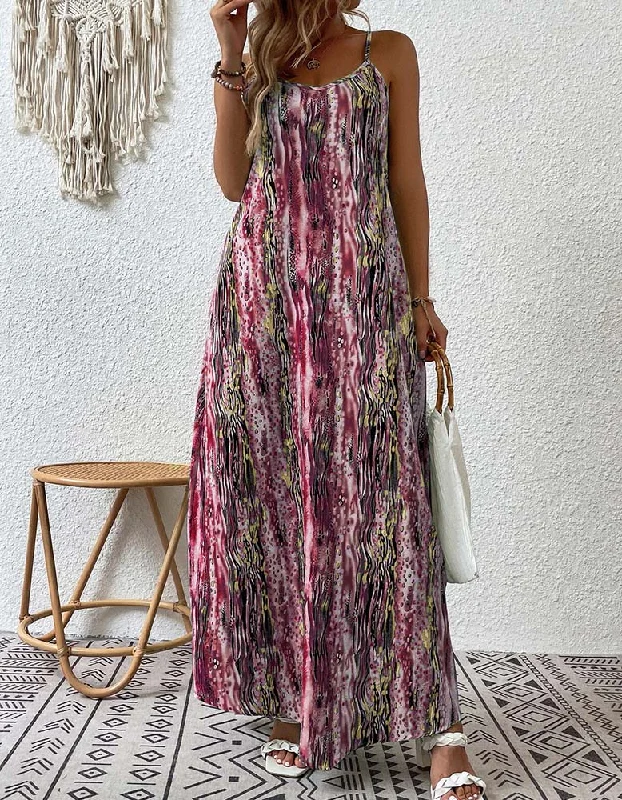 Random Print Strap Backless Long A Line Dresses Spring floral dresses