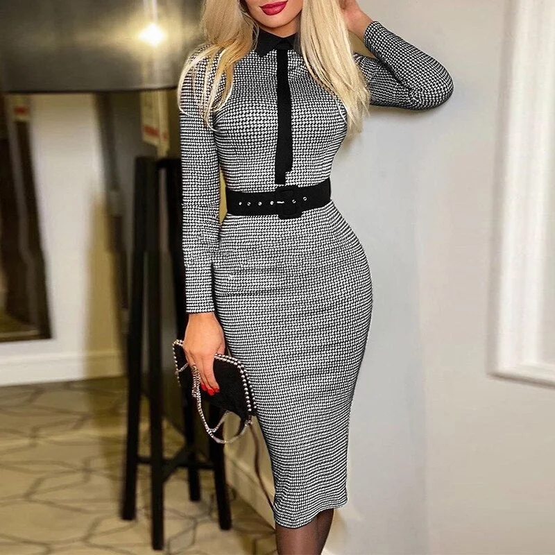 Women Elegant Party Dresses Houndstooth Floral Print Dress Summer Long Sleeve Belt Slim Bodycon Female Dress Vestido Affordable floral dresses