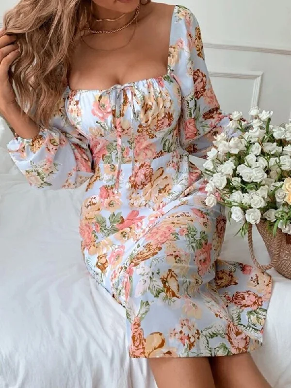 Women Ruffle Lace-Up Long Sleeve Dress Elegant Floral Print Square Neck Bodycon Dress Spring Summer Slim Party Dress Best floral dresses for curvy figures