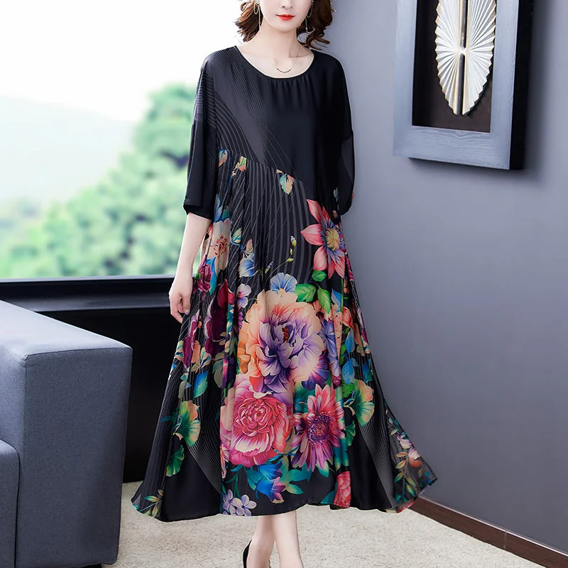 ZUOMAN Loose Casual 4XL Plus Size Mulberry Silk Dress Spring Summer Vintage Black Floral Dress Elegant Women Bodycon Vestidos Wedding guest floral dresses