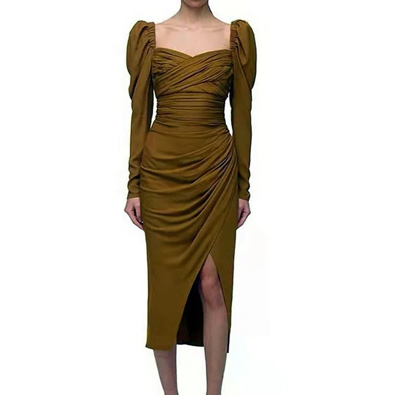 Autumn Pleated Split Dress Earthy tone unclassified dresses