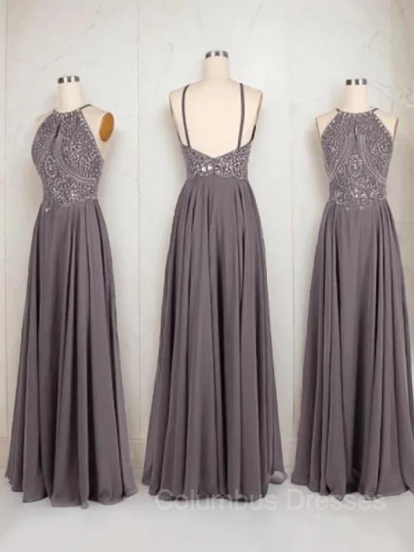 A-Line/Princess Halter Floor-Length Chiffon Prom Dresses With Beading Neutral tone unclassified dresses