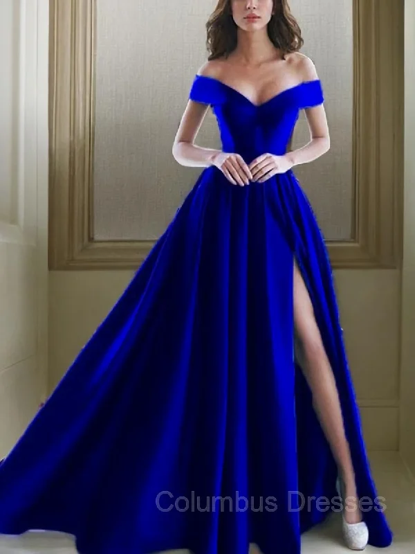 A-Line/Princess Off-the-Shoulder Floor-Length Satin Prom Dresses With Leg Slit Trendy unclassified dresses