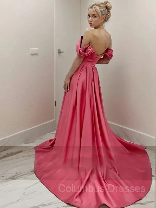 A-Line/Princess Off-the-Shoulder Sweep Train Satin Evening Dresses With Leg Slit Lounge unclassified dresses