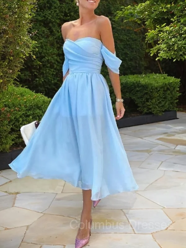 A-Line/Princess Off-the-Shoulder Tea-Length Chiffon Homecoming Dresses With Ruffles Unique unclassified dresses