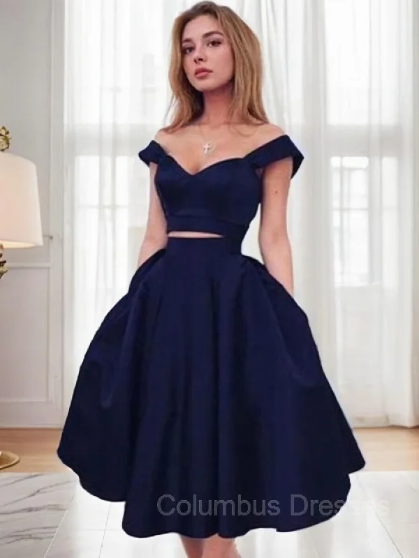 A-Line/Princess Off-the-Shoulder Tea-Length Satin Homecoming Dresses Denim unclassified dresses