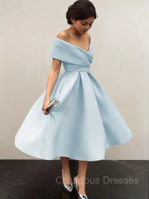 A-Line/Princess Off-the-Shoulder Tea-Length Satin Homecoming Dresses With Ruffles Festival unclassified dresses