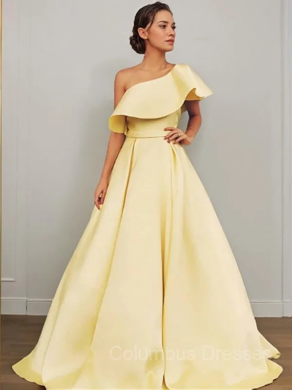 A-Line/Princess One-Shoulder Floor-Length Satin Prom Dresses With Ruffles Color block unclassified dresses