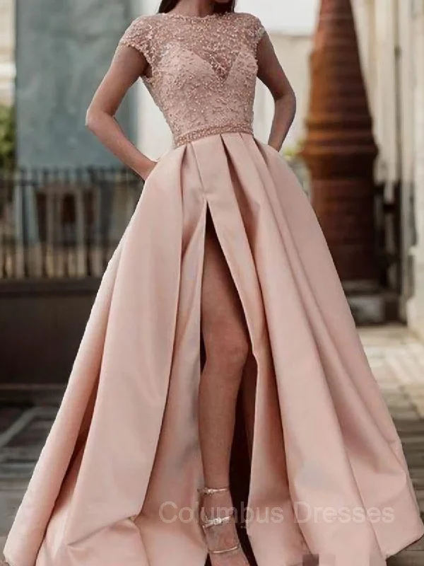 A-Line/Princess Scoop Sweep Train Satin Prom Dresses With Pockets Color block unclassified dresses