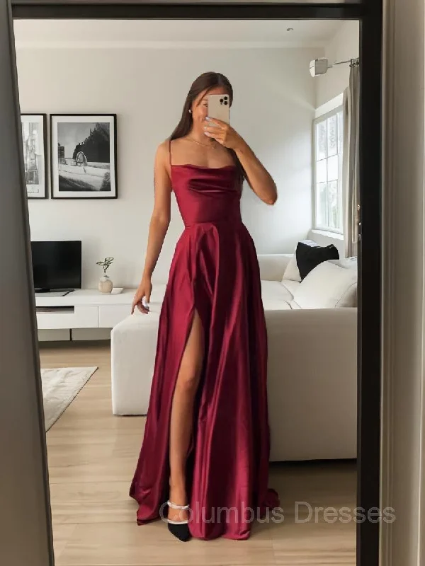 A-Line/Princess Spaghetti Straps Floor-Length Silk like Satin Prom Dresses With Leg Slit Gothic unclassified dresses